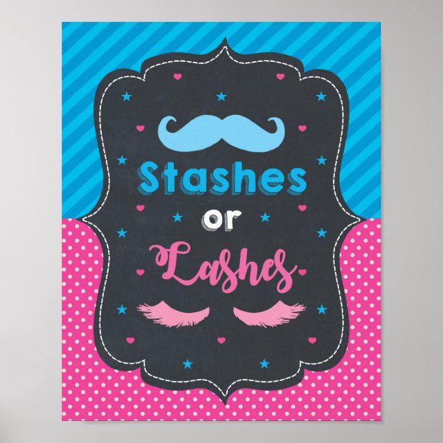 Stashes oder Lashes Gender Reveal Baby Shower Sign Poster (Vorne)