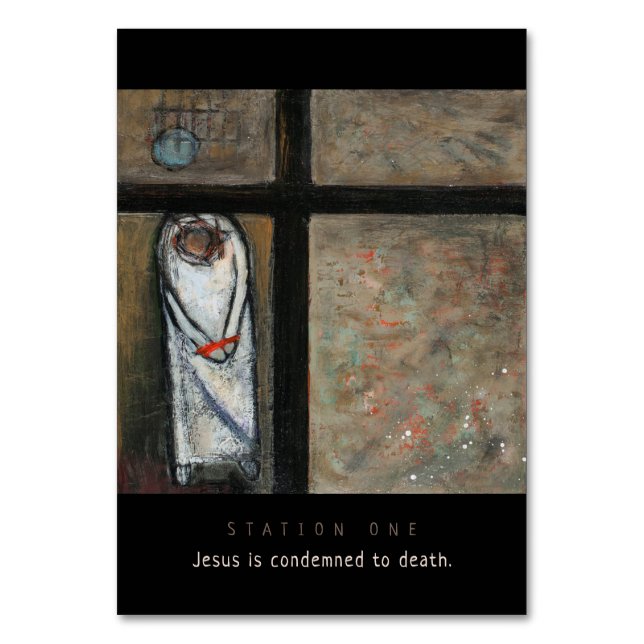 Station 1, Jesus verurteilte die Gebetskarte Tischnummer (Vorderseite)