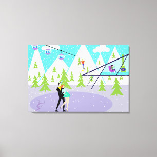 Station de ski d'hiver rétrospective toile étir