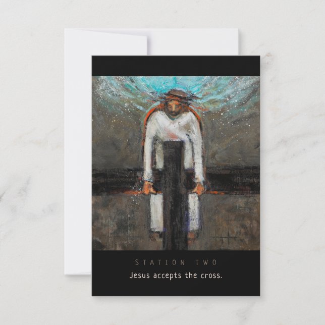 Station zwei, Jesus akzeptiert Cross Prayer Card (Vorderseite)