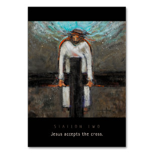 Station zwei, Jesus akzeptiert Cross Prayer Card Tischnummer