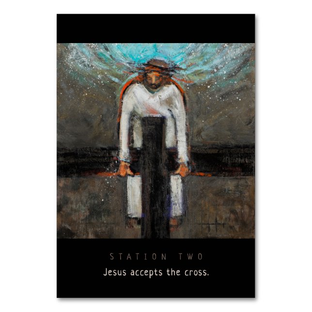 Station zwei, Jesus akzeptiert Cross Prayer Card Tischnummer (Vorderseite)
