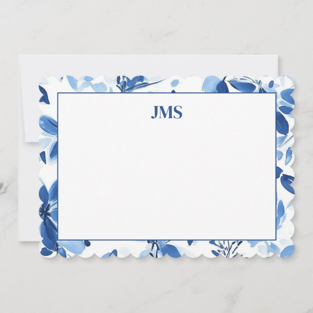 Stationäre blaue Blumengrenzenmonogramm Mitteilungskarte (Vorderseite)