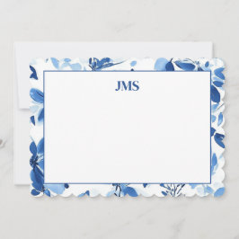 Stationäre blaue Blumengrenzenmonogramm Mitteilungskarte