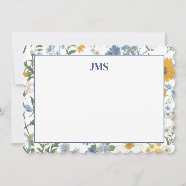 Stationäre blaue Blumengrenzenmonogramm Mitteilungskarte (Vorderseite)