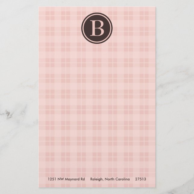 Stationäre rosa Karierte Monogramm Briefpapier (Vorderseite)