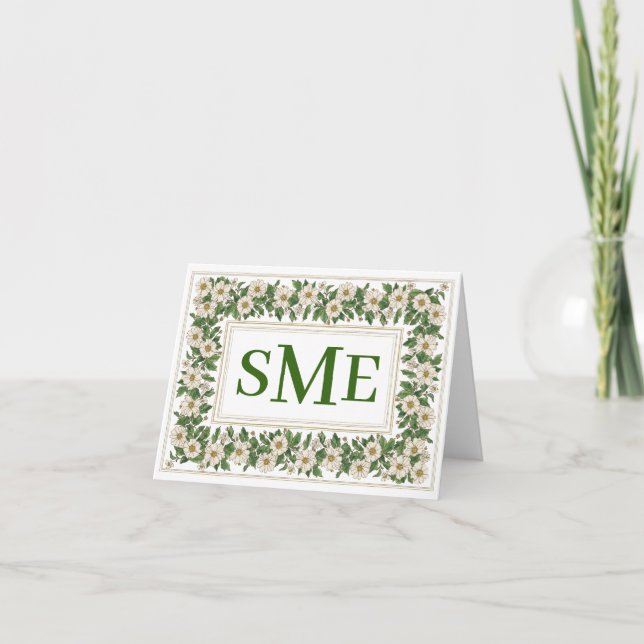 Stationierung der weißen Floral-Monogramm Dankeskarte (Vorderseite)