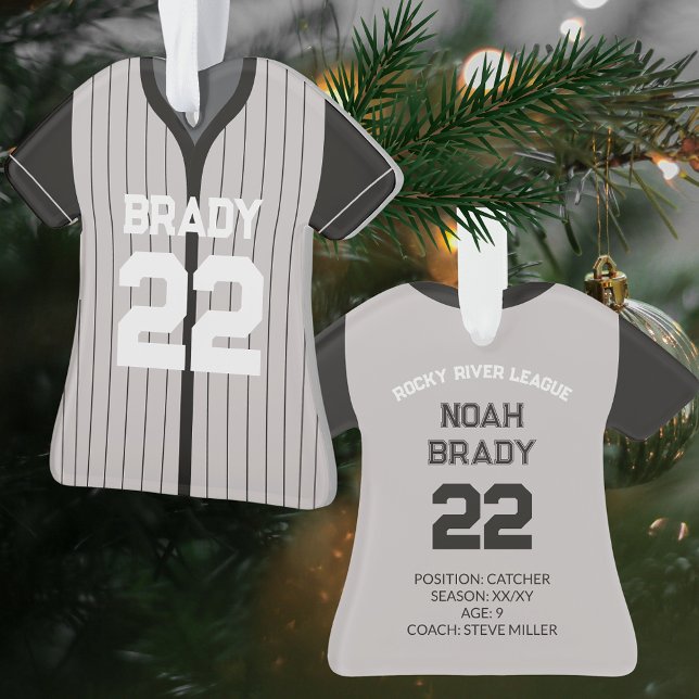 Stats Joueur de baseball Jersey Black Grey Keepsak (Personalized Baseball Player Stats Keepsake Christmas Tree Ornament Team Gift)