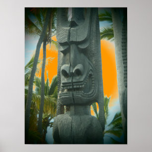 Statue de tiki souriante affiche orange tropicale