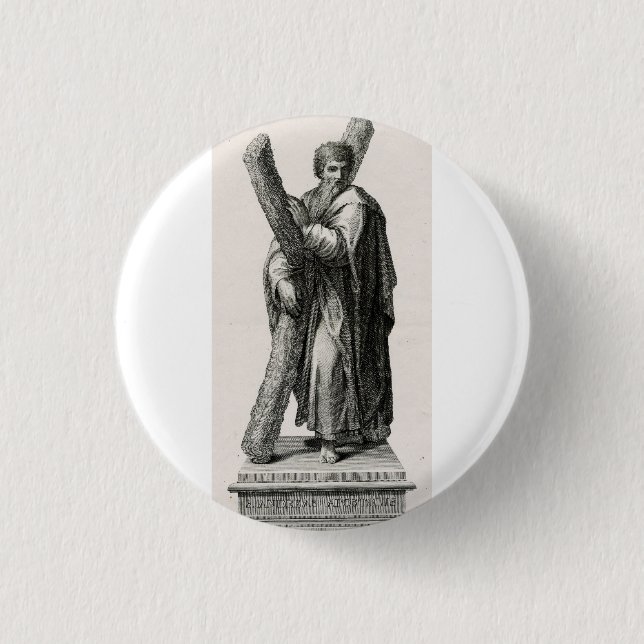 Statue des Heiligen Andreas Apostel mit Kreuz Button (Vorderseite)