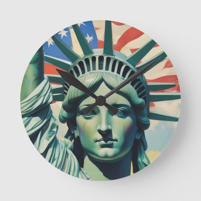 Statue of Liberty & American Flag Art New York Runde Wanduhr (Vorderseite)