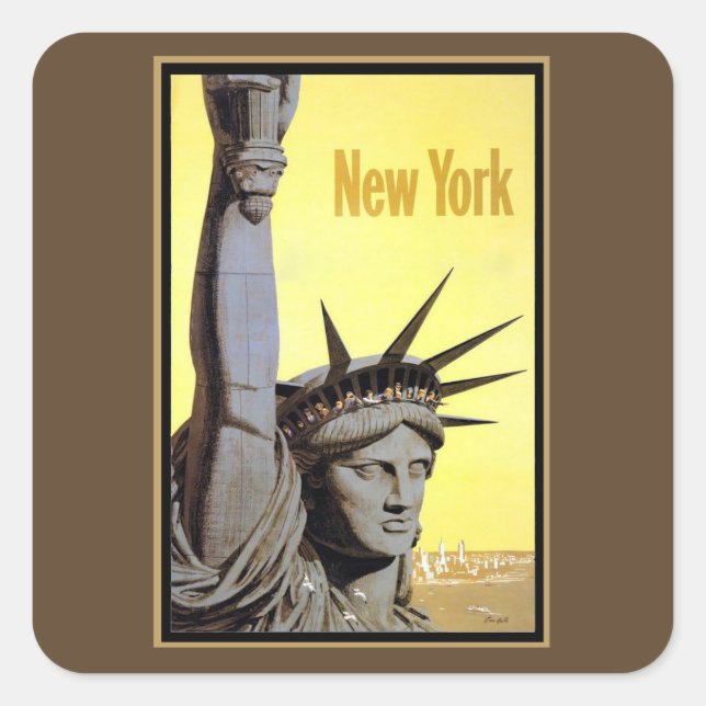 statue of liberty new york travel poster quadratischer aufkleber (Vorderseite)