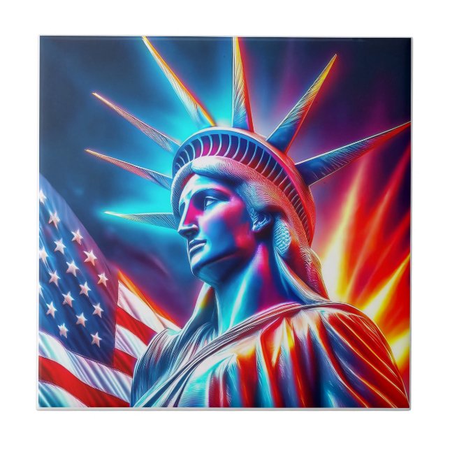  Statue Of Liberty  Red White  Blue With Flag Fliese (Vorderseite)