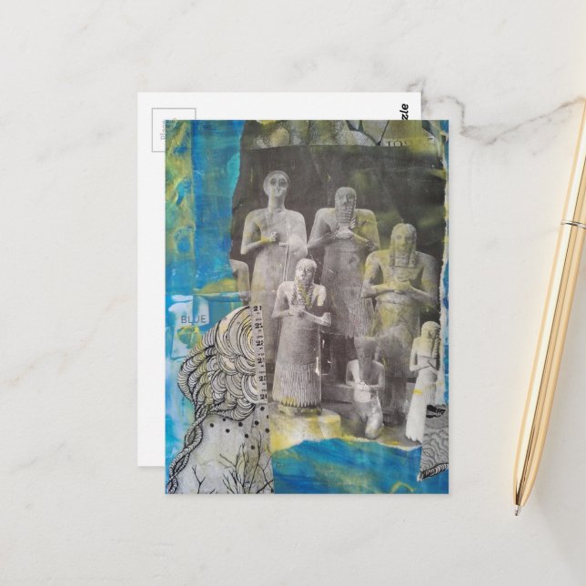 Statue People mixed media collage Postkarte (Vorderseite/Rückseite Beispiel)