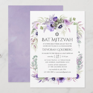 Staub-Violett-Aquarell-Blumen-Bat-Mizwa Einladung