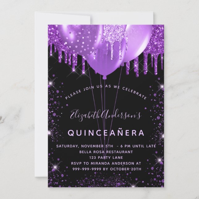 Staubballons aus lila Glitzer aus Quinceanera Einladung (Vorderseite)