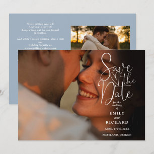 Staubblau 2 Foto Elegantes Skript Hochzeits-QR-Cod Save The Date