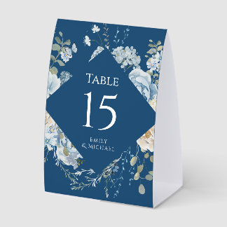 Staubblau Aquarell Blumen Hochzeit Tischnummer Tischaufsteller