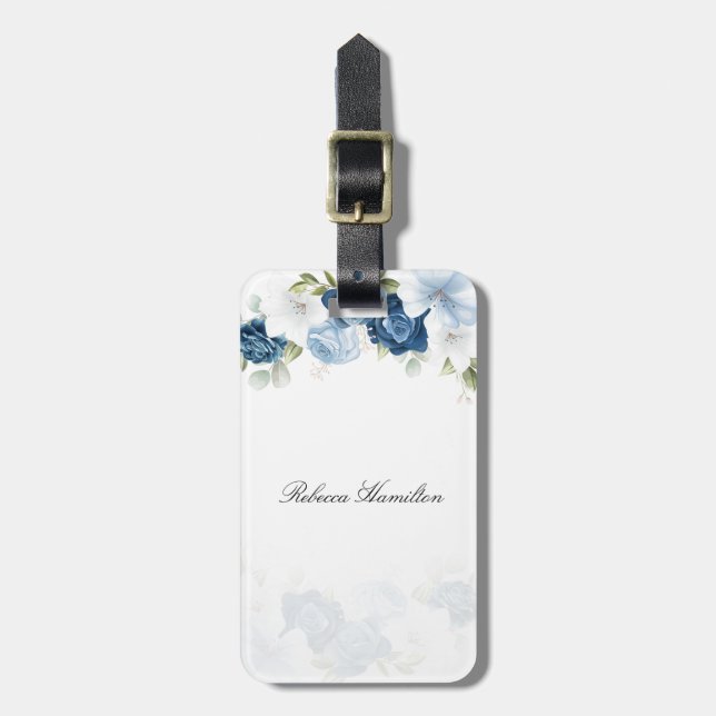 Staubblau Aquarell Blumen Skript individuell Gepäckanhänger (Vorderseite vertikal)