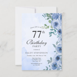 Staubblau Aquarell Blumig Chic 77. Geburtstag Ein Einladung