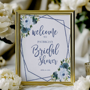 Staubblau Aquarell Floral Brautparty Begrüßung Poster