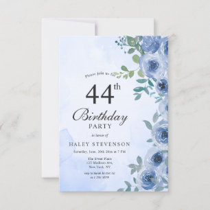 Staubblau-Aquarell-Floraleleganz zum 44. Geburtsta Einladung