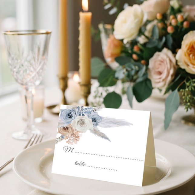 Staubblau Beige Blumen Gold Geometrisch Platzkarte (Von Creator hochgeladen)