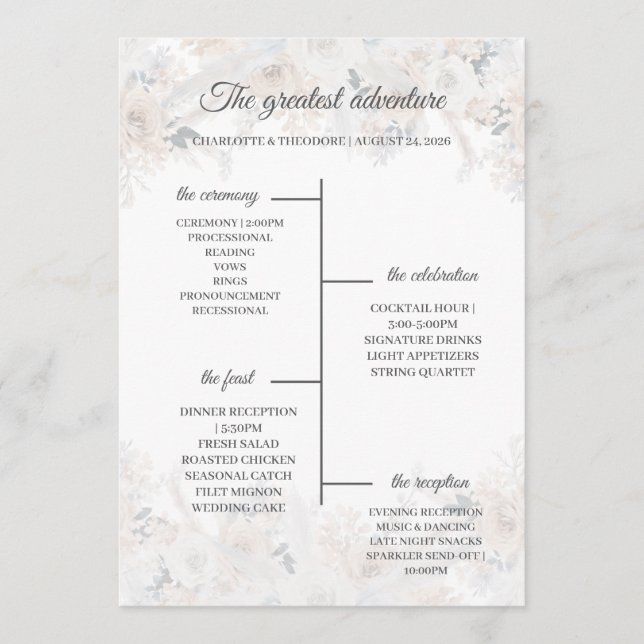 Staubblau Beige Blumen Gold Hochzeitsprogrammkarte Programm (Vorderseite)