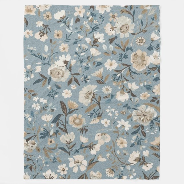 Staubblau Braun Creme Cottage Blumenmuster Fleecedecke (Vorderseite)