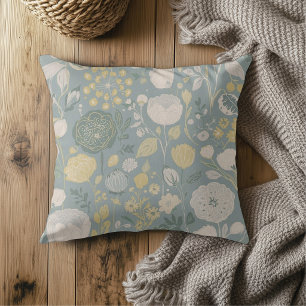 Staubblau Buttergelb Beige Moderner Blumenprint Kissen