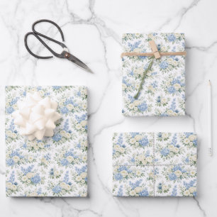 Staubblau Creme Blumen Hochzeit Brautparty Geschenkpapier Set