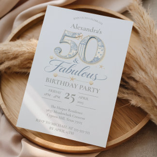 Staubblau Elegant 50 & Fantastischer Geburtstag Einladung