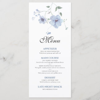 Staubblau elegante Aquarell-Blumenhochzeit Menükarte