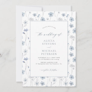 Staubblau elegante florale Gartenhochzeit Einladung