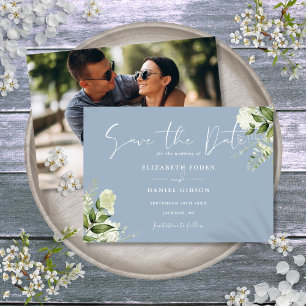 Staubblau elegante Grünpflanzen Blumen Hochzeit Fo Save The Date