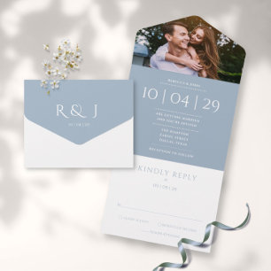 Staubblau Elegante Monogramm-Foto-Hochzeitsdatum All In One Einladung