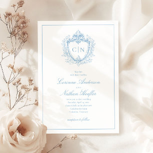 Staubblau elegante Monogramm-Wappen-Hochzeit Einladung