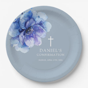 Staubblau elegante Wasserfarbe Floral Konfirmation Pappteller