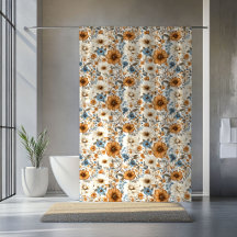 Staubblau Elfenbein Blumen Eleganter Bohemian Vorh