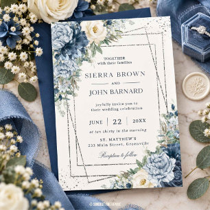 Staubblau Elfenbein Creme Floral Silber Geometrisc Einladung