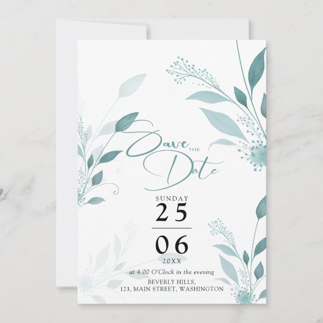 Staubblau Eukalyptus Teal Foto QR Code Hochzeit Save The Date (Vorderseite)