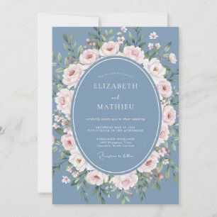 Staubblau Florale Romantische Blüten Hochzeit Einladung