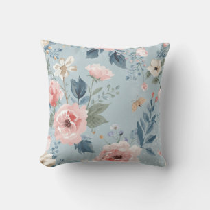 Staubblau Florale Wasserfarbe Garten Rosa Blüten Kissen