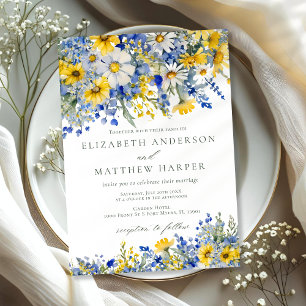 Staubblau gelbe Daisy Wildblumen Boho Hochzeit Einladung