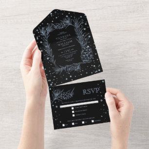 Staubblau glitzernde Tanne, Konfetti schwarz Hochz All In One Einladung