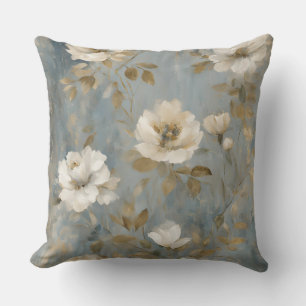 Staubblau Gold Creme Vintage Blumenmuster Kissen