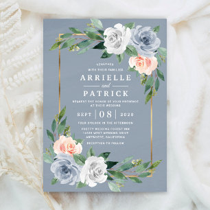 Staubblau Gold Rosé Pink Pfirsich Florale Hochzeit Einladung