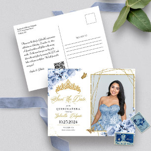 Staubblau & Gold Tiara Quinceañera Foto-Postkarte Postkarte