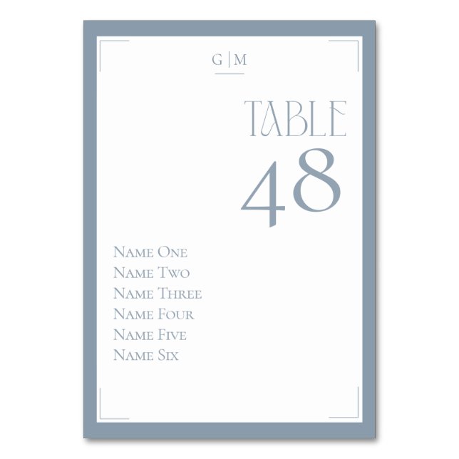 Staubblau-Grau-Monogramm Gastnamen Modern Tischnummer (Rückseite)