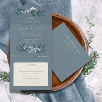 Staubblau-Grau Winter Floral Hochzeit All In One Einladung